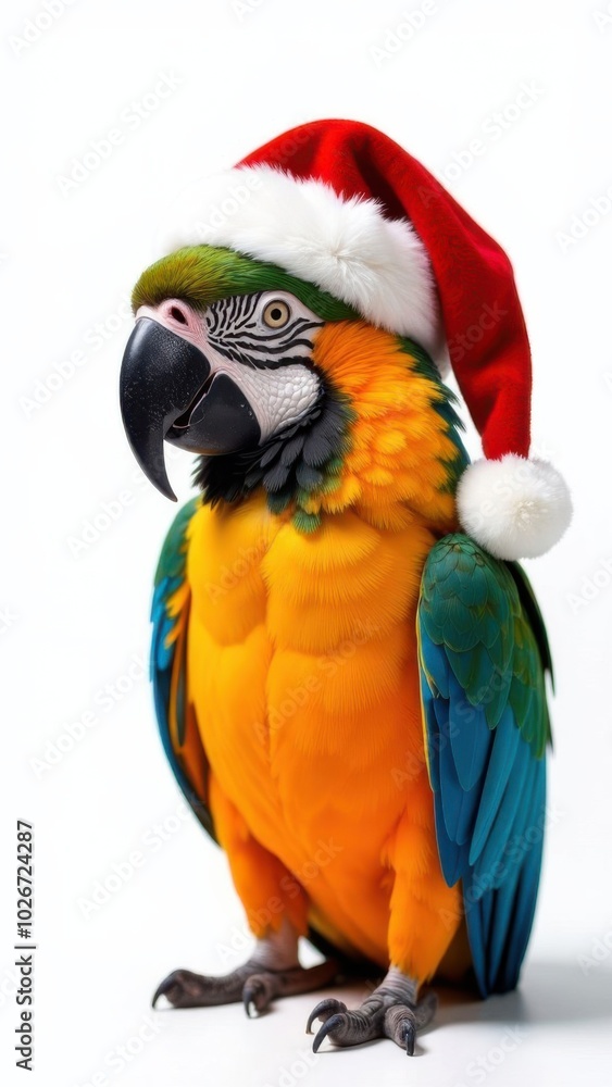 Blue and yellow macaw wearing santa hat posing on white background Blue and yellow macaw wearing santa hat posing on white background