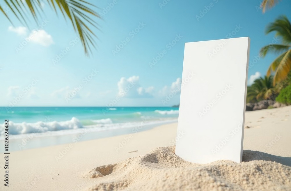 White canvas standing on exotic beach with palm trees