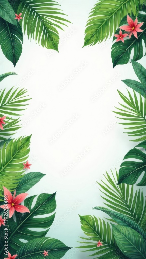 Tropical flowers and leaves creating a border on pastel background Tropical flowers and leaves creating a border on pastel background