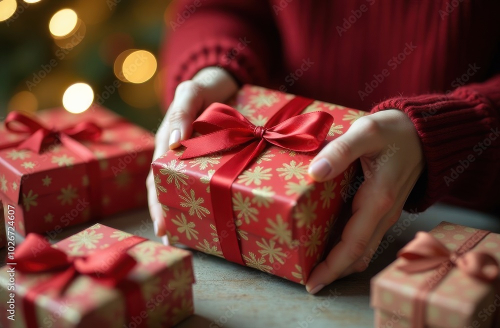 Woman holding christmas gift surrounded by presents Woman holding christmas gift surrounded by presents