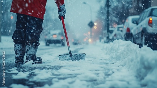 Shoveling snow on winter streets at different times. AI generated image