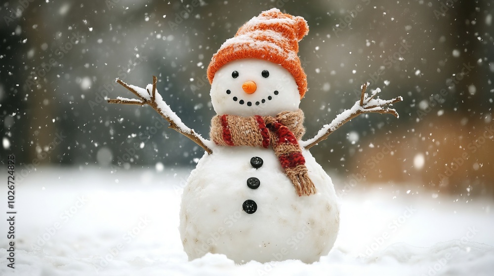 Fototapeta premium A snowman stands in the winter snow. It has a carrot nose, hat, scarf, and coal buttons. Stick arms reach out. The background is blurry.