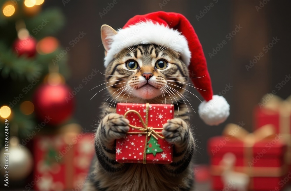 Cute kitten holding christmas gift in front of tree Cute kitten holding christmas gift in front of tree