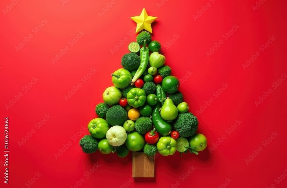 Christmas tree made from green vegetables on red background Christmas tree made from green vegetables on red background