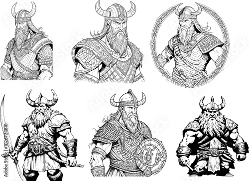 Norsemen and Norse Raiders Vector Set: Illustrations of Viking Warriors for Creative Coloring Activities