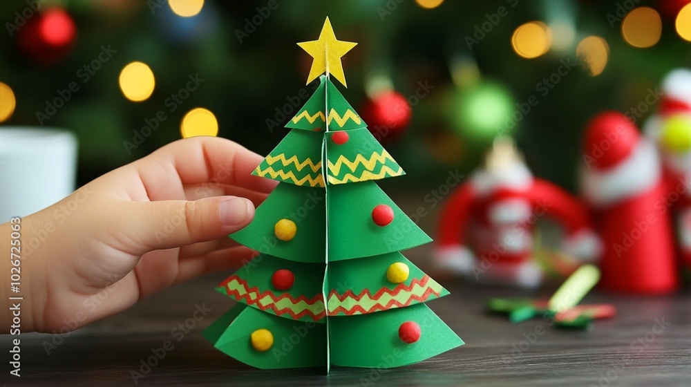 A hand holding a small, handmade paper Christmas tree with colorful decorations. Blurred festive background with lights and ornaments creates a warm holiday atmosphere. A hand holding a small, handmade paper Christmas tree with colorful decorations. Blurred festive background with lights and ornaments creates a warm holiday atmosphere.