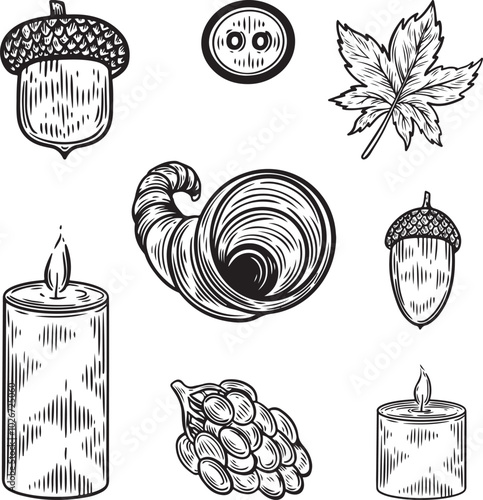 Candles, acorns and horn of plenty engraved vector isolated on white background.