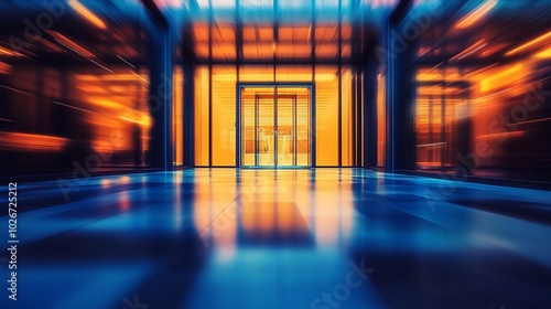 Futuristic corridor with glowing orange and blue lights reflecting on a glossy floor, leading to a mysterious illuminated doorway ahead.