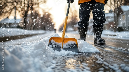 Workers and residents shoveling snow in winter streets. AI generated image