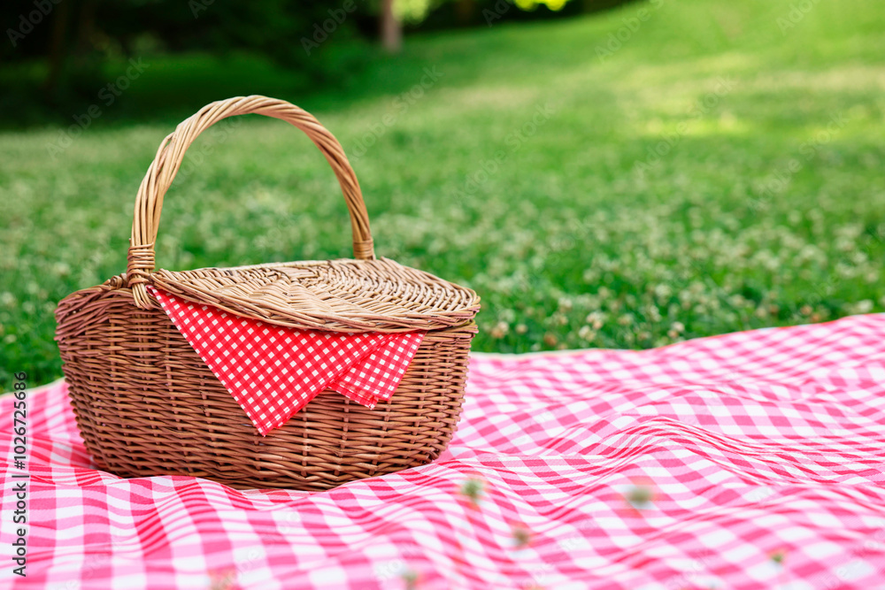 One picnic wicker basket with checkered napkin and blanket on green grass. Space for text One picnic wicker basket with checkered napkin and blanket on green grass. Space for text