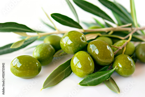 Wallpaper Mural Whole green olives with olive branches on a white background. Copy space. Food concept. Banner Torontodigital.ca