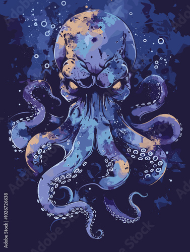 Octopus. Hand drawn vector illustration on a dark blue background.