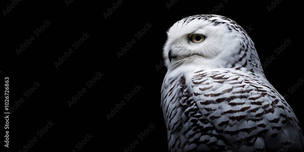 Fototapeta premium A white owl is staring at the camera. The image is black and white, and the owl is the main focus. The owl's eyes are large and intense, and it is looking directly at the viewer