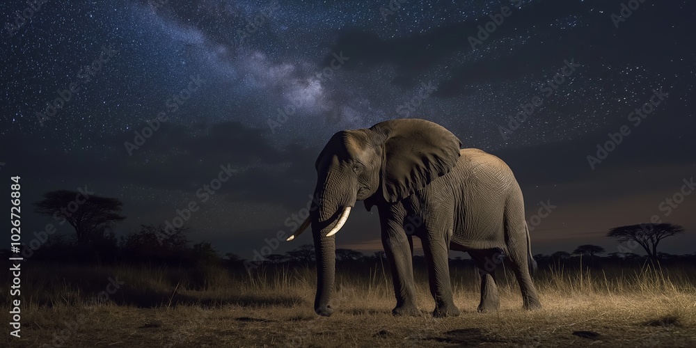 Fototapeta premium A large elephant stands in a field at night, surrounded by stars. The scene is serene and peaceful, with the elephant being the only living creature in the image