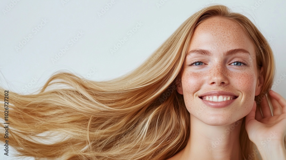 Fototapeta premium An elegant Russian woman in her 30s with long smiling gently, skin care concept