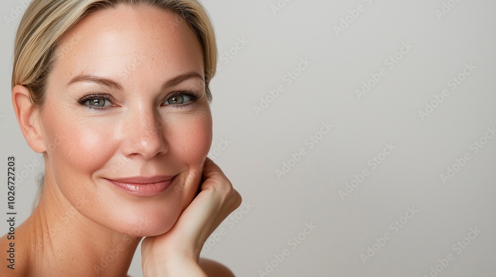An elegant Russian woman in her 30s with long smiling gently, skin care concept An elegant Russian woman in her 30s with long smiling gently, skin care concept