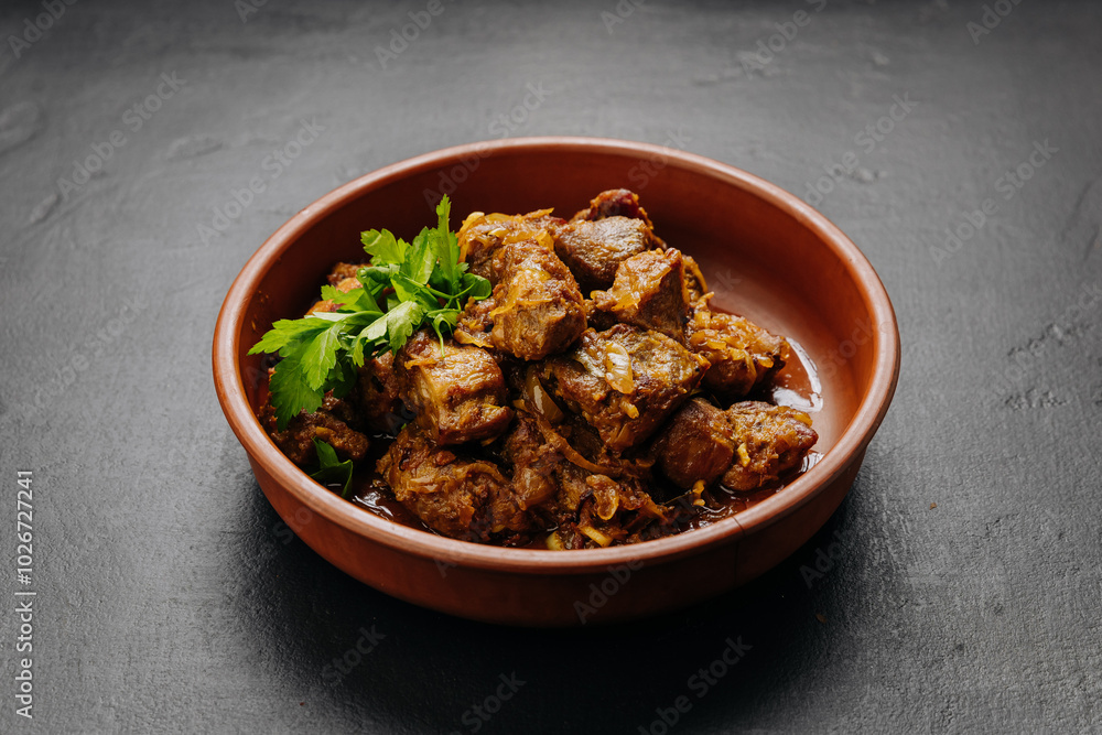 Traditional homemade roasted meat with onions and greens, food photography and culinary blogs