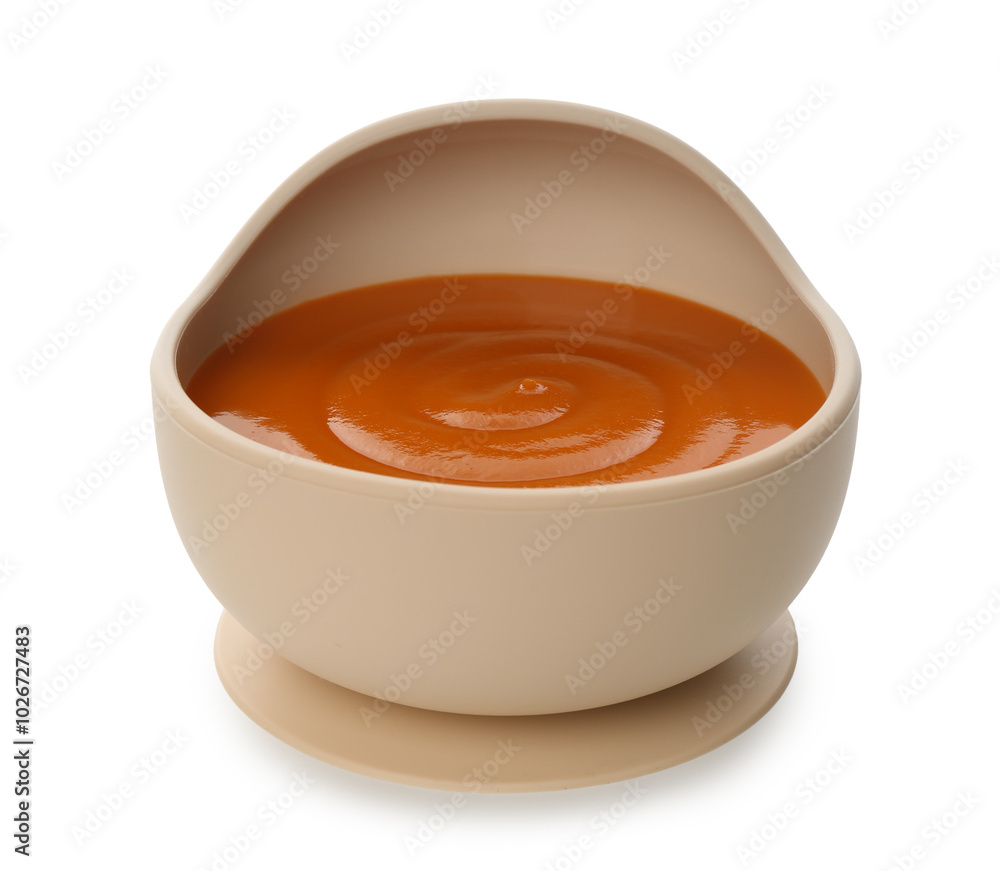 Delicious baby food in bowl isolated on white Delicious baby food in bowl isolated on white