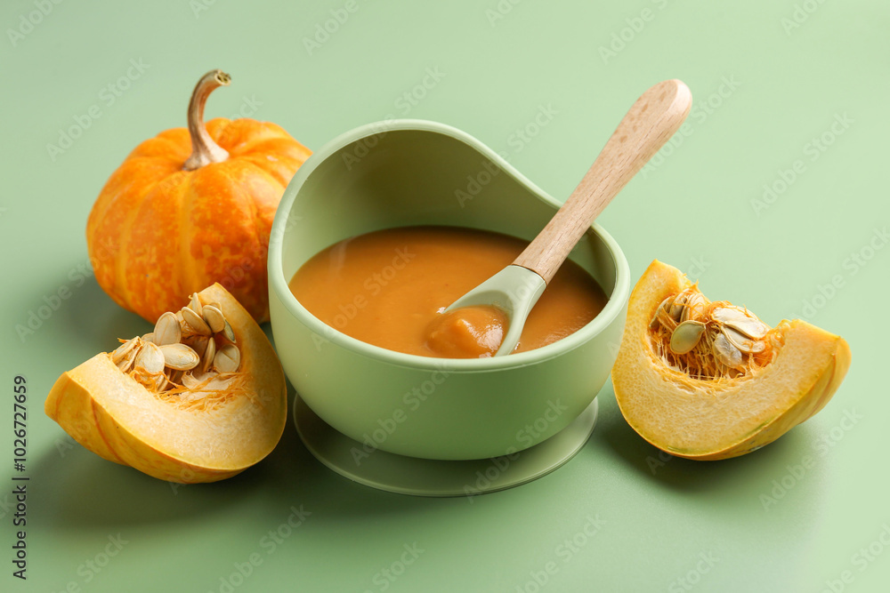 Delicious baby food with spoon in bowl and fresh pumpkins on green table Delicious baby food with spoon in bowl and fresh pumpkins on green table
