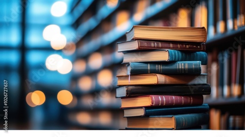 A stack of books in a library with blurred shelves and warm lighting in the background. photo