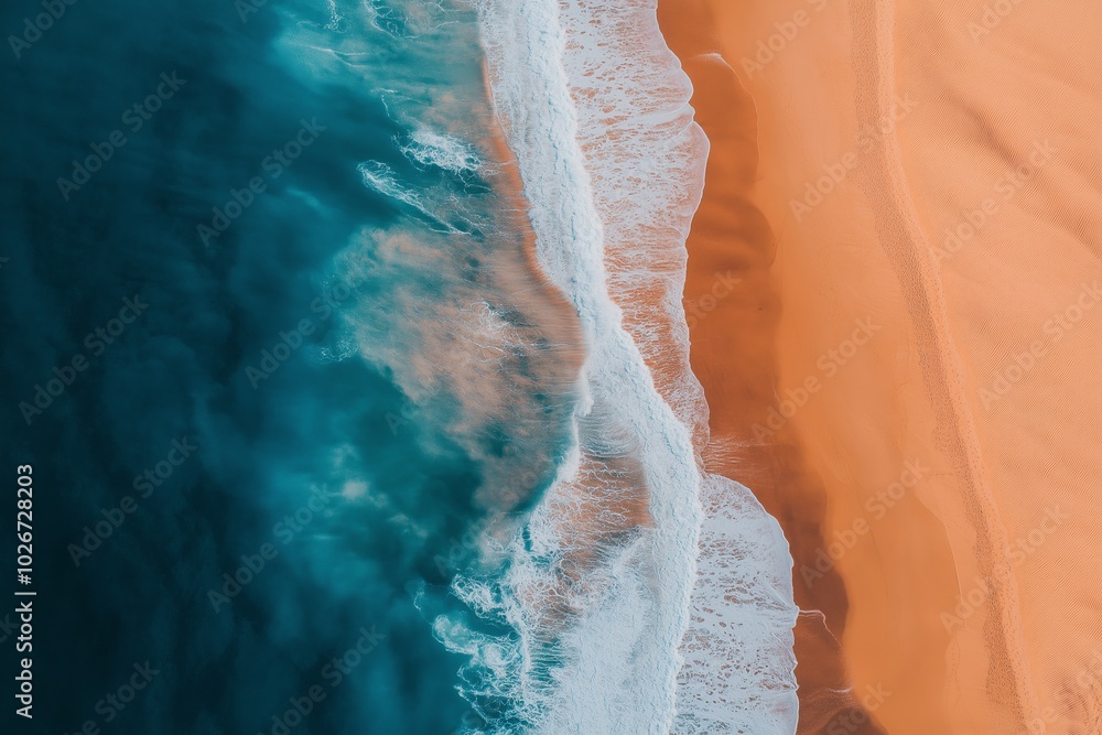 The ocean is calm and the beach is sandy. The water is blue and the sand is orange The ocean is calm and the beach is sandy. The water is blue and the sand is orange