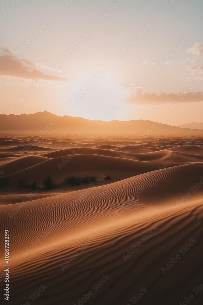 A desert landscape with a sun in the sky. The sun is setting and the sky is orange A desert landscape with a sun in the sky. The sun is setting and the sky is orange