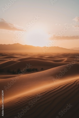 A desert landscape with a sun in the sky. The sun is setting and the sky is orange