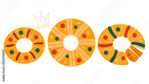 Traditional dessert for Christmas and Christian holiday. Hand drawn vector illustration with dessert King cake. 