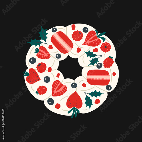 Cake-bize Pavlova. Sweet Christmas dessert. Vector illustration