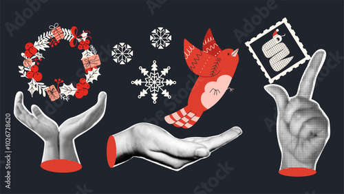 Halftone hands with Christmas elements. Retro pop art illustration with snake, bird, snowflake,