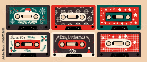 Christmas audio cassettes set. Retro design vector illustration.