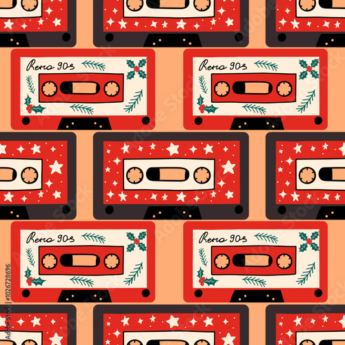 New Year seamless pattern with audio cassettes. Christmas design background. Trendy Christmas pattern  for print, wrapping paper, notebook cover.