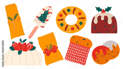 Christmas sweet  dessert vector set. Trendy traditional festive bakery. Cake Pavlova, Christmas pudding, Panettone, King cake.