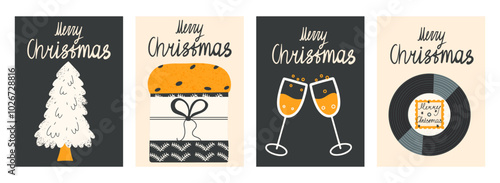 Merry Christmas posters set. Greeting invitation with a retro vinyl record, Panettone, glasses of champagne. Vector holiday cards.