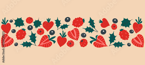 Berry border wild strawberries, blueberries and raspberries. Fresh organic vector background.