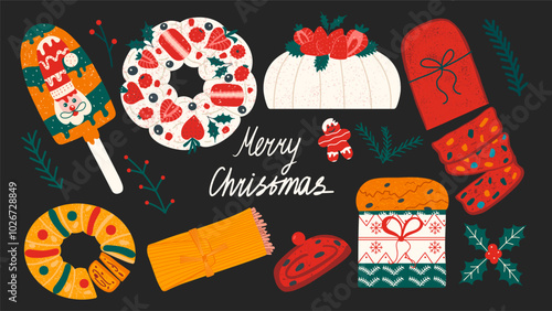 Christmas  sweet popular dessert vector set. Trendy traditional festive food.