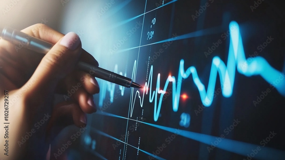 Close-up of a hand pointing to a fluctuating graph line on a digital screen, symbolizing stock market analysis or medical heart rate monitoring. Close-up of a hand pointing to a fluctuating graph line on a digital screen, symbolizing stock market analysis or medical heart rate monitoring.