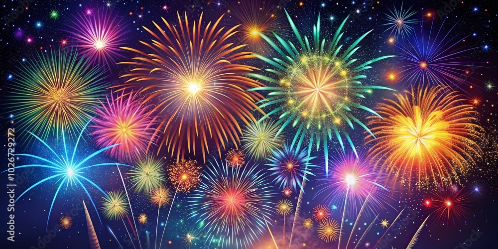 Vibrant Fireworks Display Under a Starry Night Sky - Surreal Celebrations Captured in Vector Illustration for Stunning Visuals Vibrant Fireworks Display Under a Starry Night Sky - Surreal Celebrations Captured in Vector Illustration for Stunning Visuals