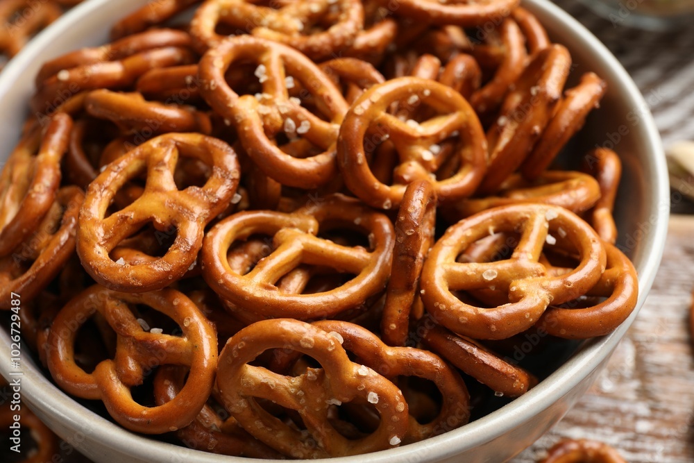 Delicious salty pretzel crackers on wooden table, closeup Delicious salty pretzel crackers on wooden table, closeup