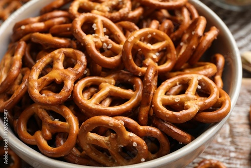 Delicious salty pretzel crackers on wooden table, closeup