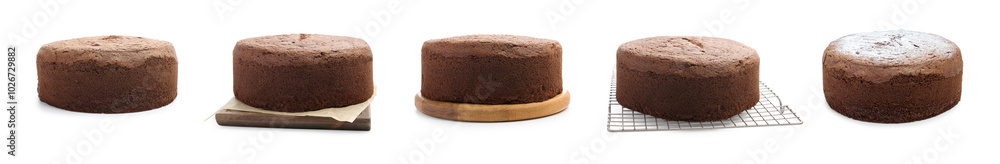Tasty chocolate sponge cakes isolated on white, set Tasty chocolate sponge cakes isolated on white, set
