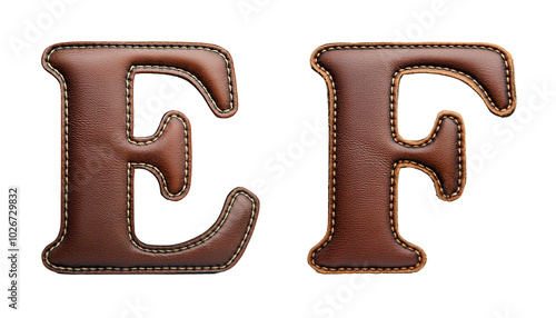 3D Letters E F Realistic Stitched Leather Alphabet Isolated on White photo