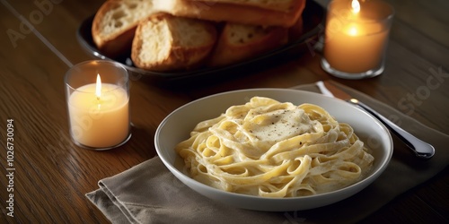 a bowl of pasta with a candle and bread