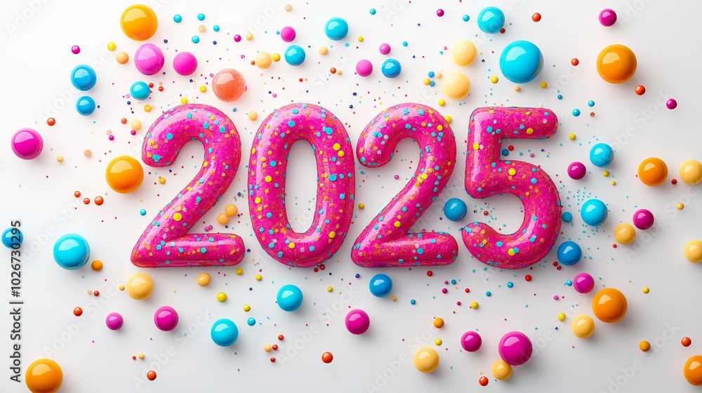 Happy New Year 2025 with multicolored confetti on white background Happy New Year 2025 with multicolored confetti on white background