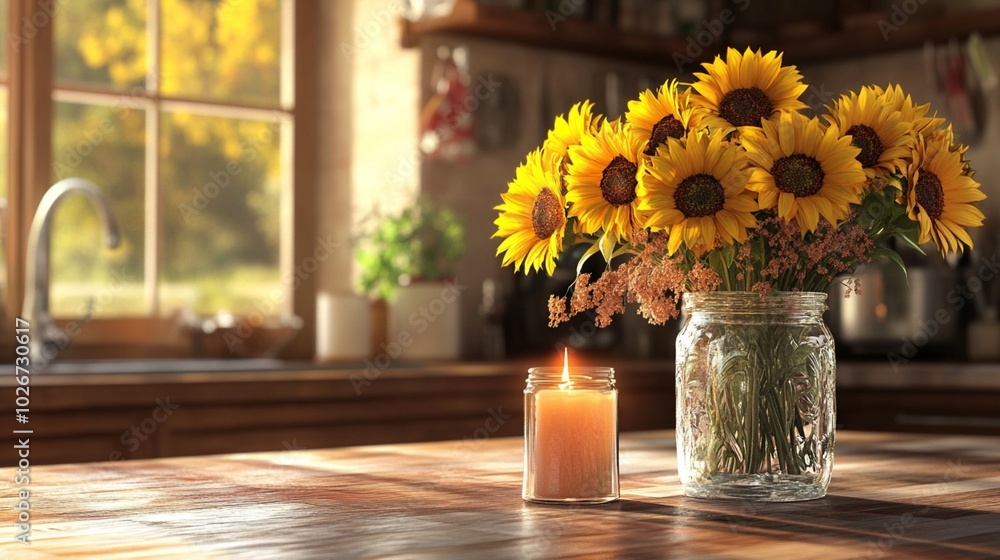Sunflowers in a rustic mason jar illuminate a cozy kitchen countertop, accompanied by a glowing candle. Warm sunlight streams through the window, creating a serene autumn ambiance. Sunflowers in a rustic mason jar illuminate a cozy kitchen countertop, accompanied by a glowing candle. Warm sunlight streams through the window, creating a serene autumn ambiance.