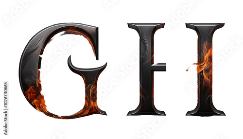 D Letters G H Realistic Black Fire Alphabet Isolated on White photo