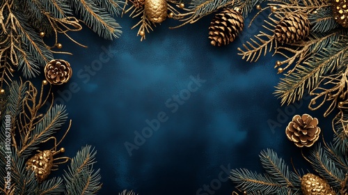 Christmas card with intricate gold borders and festive decorations, featuring fir branches on a dark blue backdrop, exuding an air of elegance and luxury.