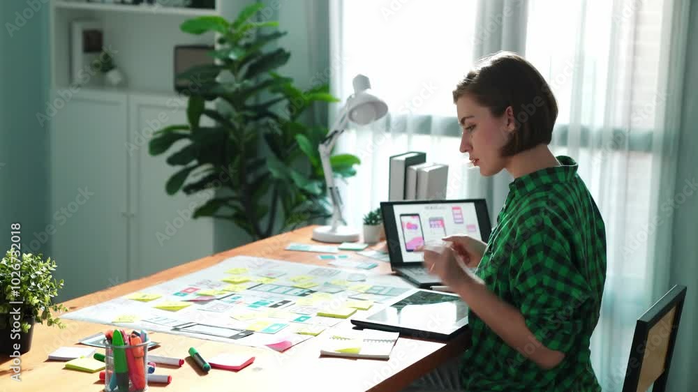 Top view of manager design UX, UI system while sitting at table and looking at tablet with program system display. Leader writing idea by using sticky note and mind map to brainstorm idea.Convocation. Top view of manager design UX, UI system while sitting at table and looking at tablet with program system display. Leader writing idea by using sticky note and mind map to brainstorm idea.Convocation.