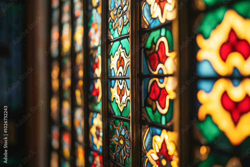 Fototapeta premium Vibrant stained glass windows with floral patterns create a warm, inviting atmosphere