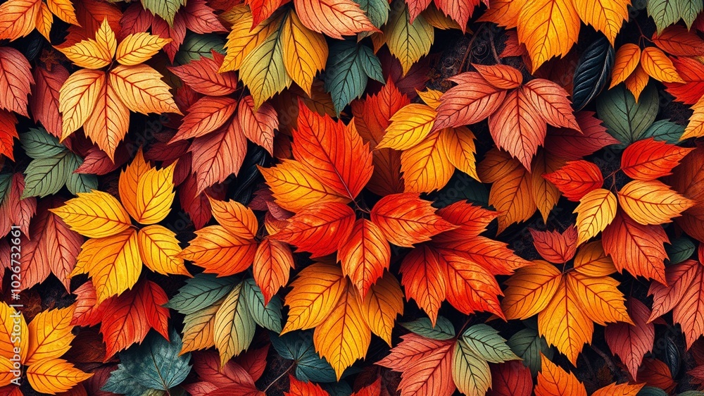 Vibrant seamless pattern featuring an intricate arrangement of golden, crimson, and orange autumn leaves amidst a lush Vibrant seamless pattern featuring an intricate arrangement of golden, crimson, and orange autumn leaves amidst a lush